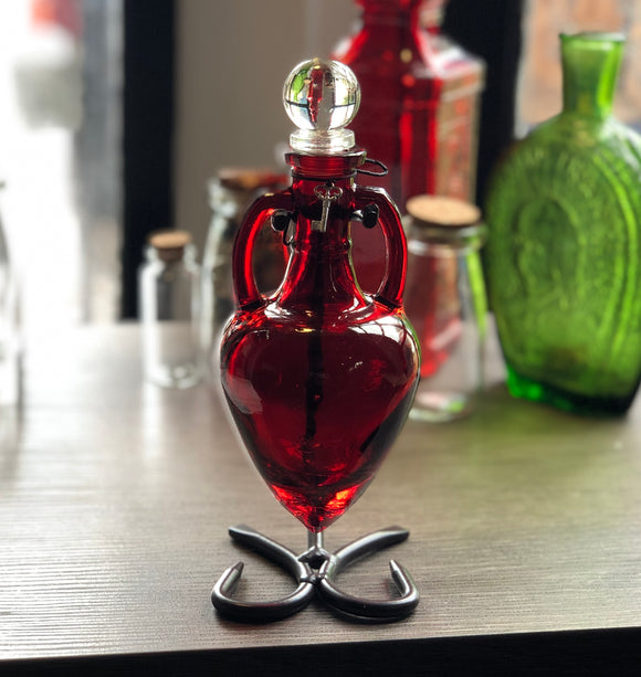 Thorn & Moon Magick Potion Bottle - Red Glass Vessel with Stand - Key Charm