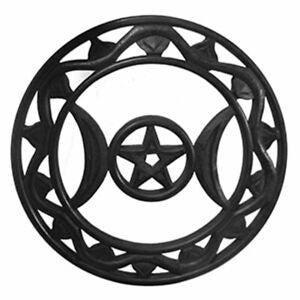 Triple Moon Pentagram 12” Black Wooden Altar Wall Plaque
