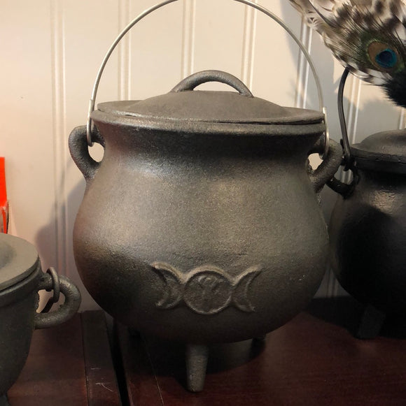 Large 8” Cast Iron Triple Moon Cauldron with Lid