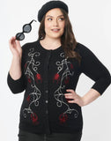 Caught in the Web - Embroidered Black Cardigan Sweater -  womens sizes XS-XXL