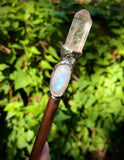 Handcrafted Silver & Copper Pentagram Wand - Clear Quartz and Rainbow Moonstone