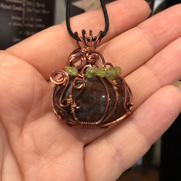 Pumpkin Necklace - Wire Wrapped Brecciated Jasper with Peridot Leaves