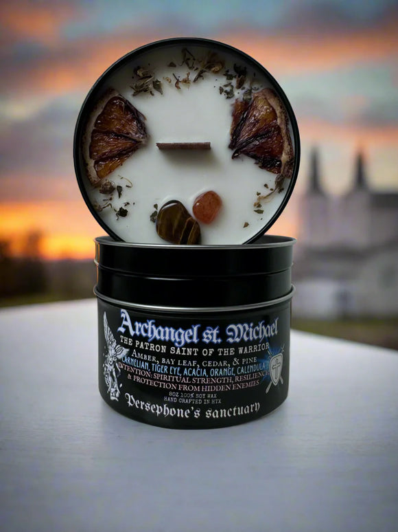 Saint Michael Archangel Candle- 8oz 100% Soy - Wood Wick - Crystals & Essential Oils