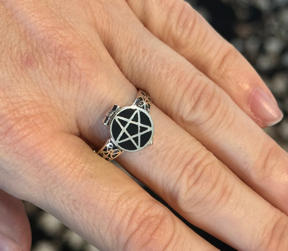 Sterling Silver Enameled Pentagram Poison Ring