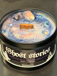 Ghost Stories Candle - 8oz 100% Soy - Wood Wick - Crystals & Essential Oils