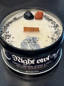 Night Owl Candle - 8oz 100% Soy - Wood Wick - Crystals & Essential Oils