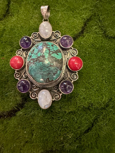 Mexican Turquoise Sterling Silver Pendant With Coral, Amethyst And Moonstone Accents