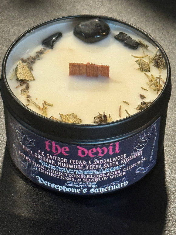 The Devil Candle - 8oz 100% Soy - Wood Wick - Crystals & Essential Oils