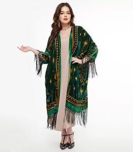 1930s Emerald & Gold Zodiac Burnout Velvet Fringe Kimono