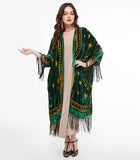 1930s Emerald & Gold Zodiac Burnout Velvet Fringe Kimono