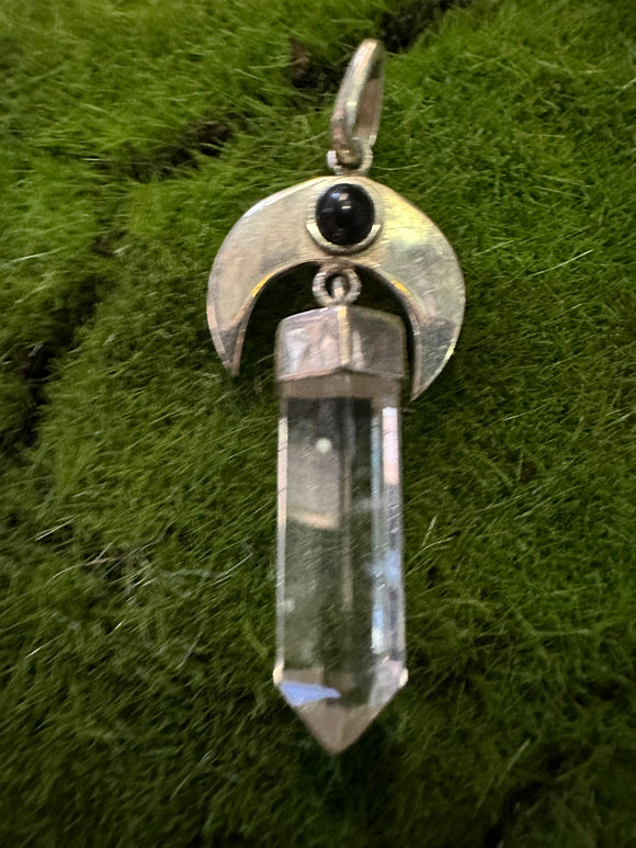 Sterling Silver Moon With Obsiden And Clear Quartz Pendant