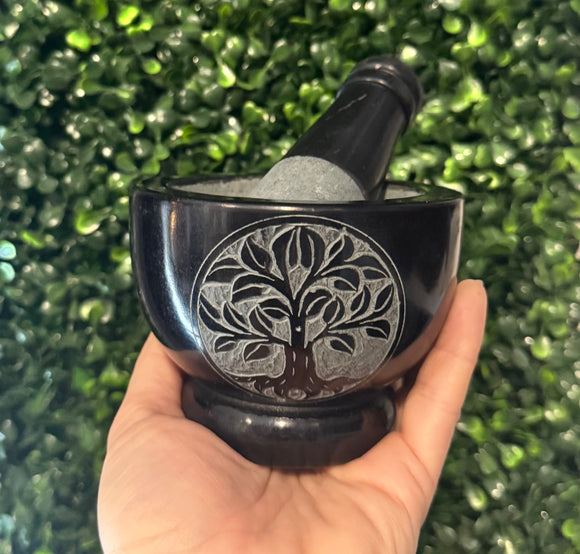 Mortar & Pestle - Tree of Life - Carved Black Soapstone