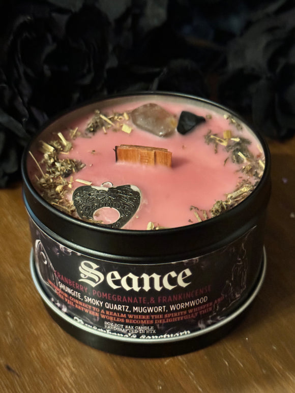 Seance Candle - 8oz 100% Soy - Wood Wick - Crystals & Essential Oilsl