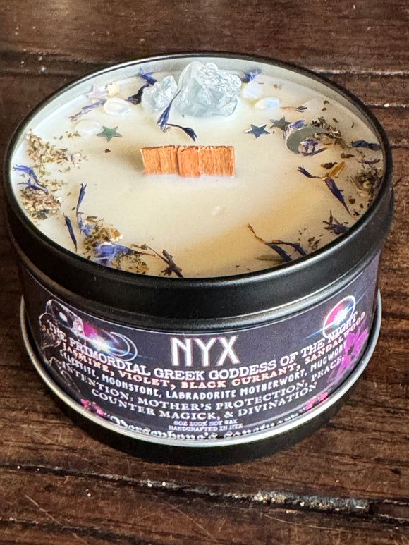 Nyx Candle - 8oz 100% Soy - Wood Wick - Crystals & Essential Oils