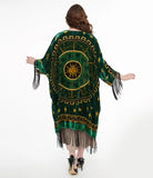 1930s Emerald & Gold Zodiac Burnout Velvet Fringe Kimono