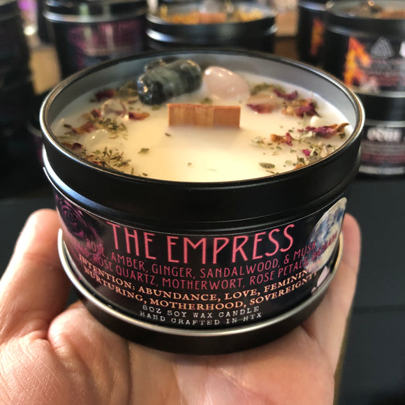 The Empress Candle - 8oz 100% Soy - Wood Wick - Crystals & Essential Oils