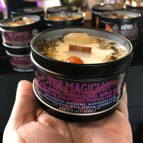 The Magician Candle - 8oz 100% Soy - Wood Wick - Crystals & Essential Oils