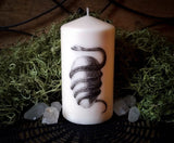 Thorn & Moon Illustrated Candle - Orphic Egg - Cosmic Egg- Serpent - Ancient Greek Mythology - Decorative 6" Pillar