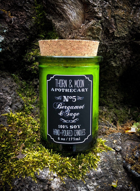 Thorn & Moon Apothecary Candle - No. 5 - Bergamot and Sage - 100% Soy - Scented Candle - Essential Oil and Fragrance Oil blend, Herbs
