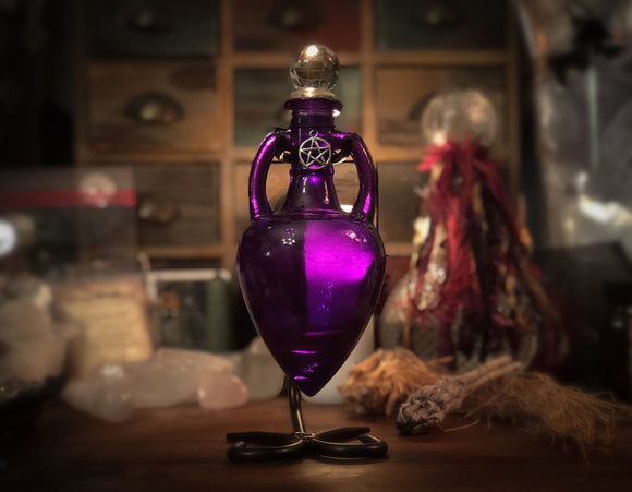 Thorn & Moon Magick Potion Bottle - Purple Glass Vessel with Stand - Pentagram Charm