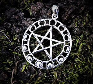 Moon Magic Pentagram Pendant - Sterling Silver - Moon Phases