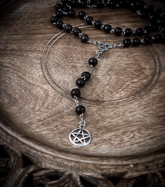 Thorn & Moon Witches' Rosary - Wooden Beads - Pentagram - Triquetra