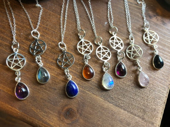 Mini Sterling Silver Pentacle and Gemstone Teardrop necklace