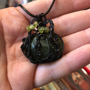 Pumpkin Necklace - Wire Wrapped Green Jasper with Peridot Leaves