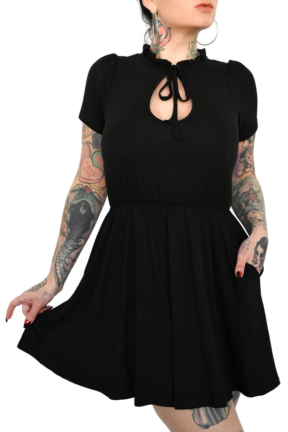 Tea Time Dress by Foxblood- Short Sleeve Black Tie Front Dress