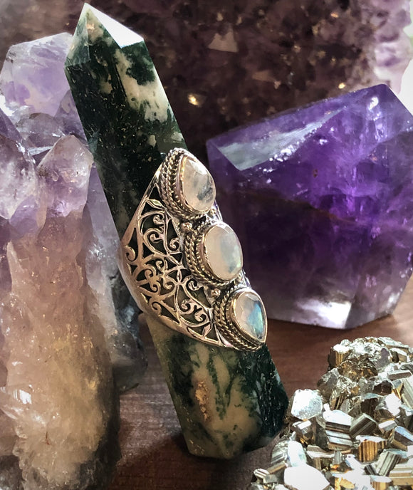 The Light Worker Ring - Rainbow Moonstone Crystal - Sterling Silver