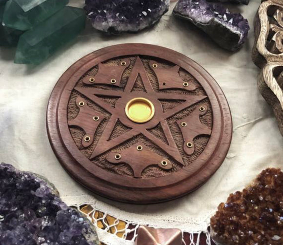 Round Wooden Incense Burner - Carved Pentagram - Cone & Stick Incense