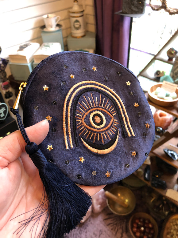 Mystic Eye - Blue Velvet Embroidered Sequined Tassel Bag