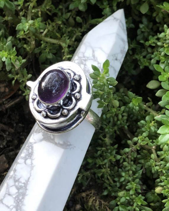 Sterling Silver Poison Ring with Amethyst- Silver and Natural Gemstone - Size 9