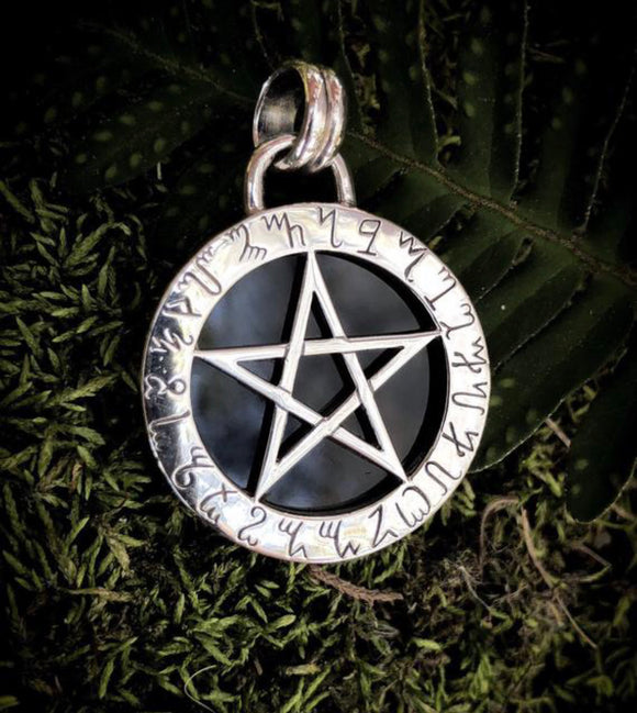 Magick Mirror Pentagram Pendant - Onyx & Sterling Silver - Theban Witches' Alphabet