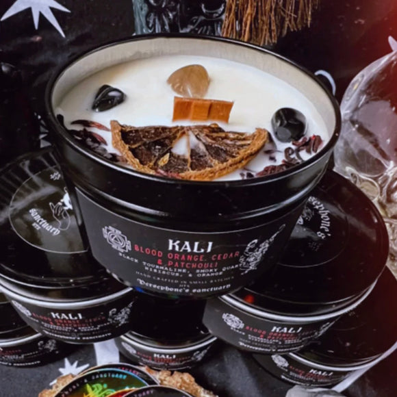 Kali Candle - 8oz 100% Soy - Wood Wick - Crystals & Essential Oils