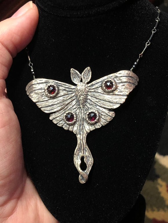 Blood Moon Luna Moth - Garnet & Sterling Silver Necklace