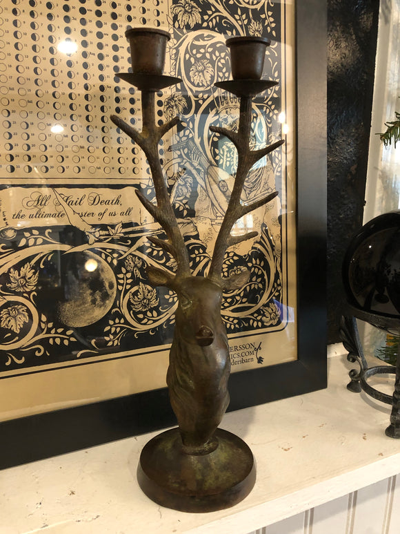 Antique Aged Brass Deer Double Candlestick