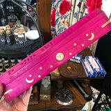Fuschia Wooden Incense Burner with Brass Inlay - Coffin - Stick Incense - Box