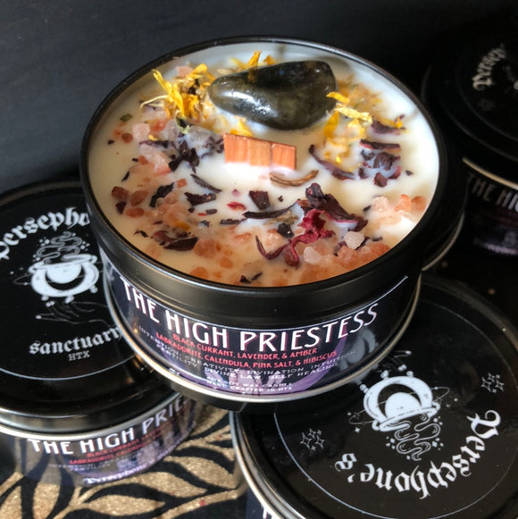 High Priestess Candle - 8oz 100% Soy - Wood Wick - Crystals & Essential Oils