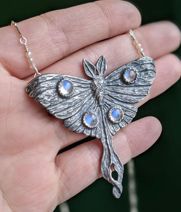 Full Moon Luna Moth - Moonstone & Sterling Silver Necklace