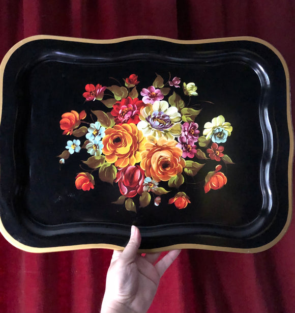 Vintage Black & Floral Metal Tray - Breakfast Tray - Rolling Tray
