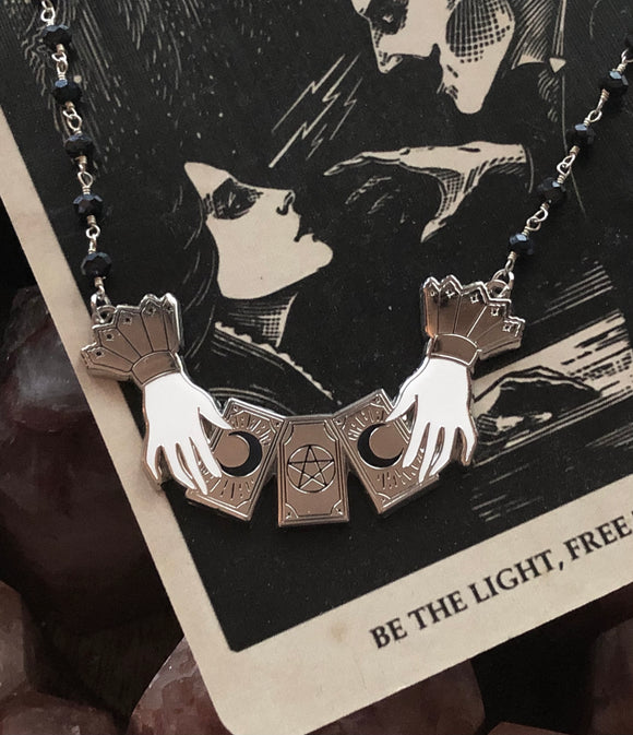 The Haunted Tarot Necklace - Victorian Hands - Tarot Cards - Rosary Beaded Chain