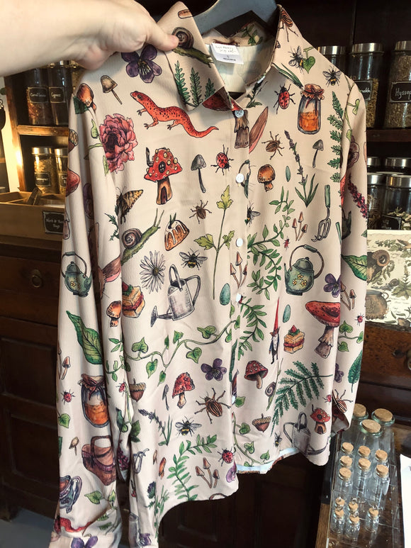 Cottage Witch Blouse - Brett Manning Art - Button Up Long Sleeve - Mushrooms, Snails, Garden Party