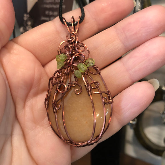 Pumpkin Necklace - Wire Wrapped Orange Aventurine with Peridot Leaves