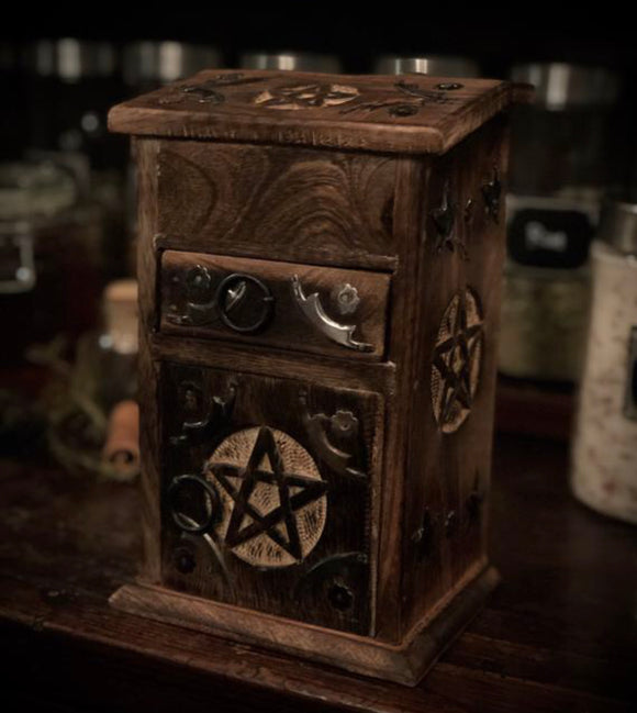 Wooden Pentagram Herb Cabinet - Carved Wooden Chest