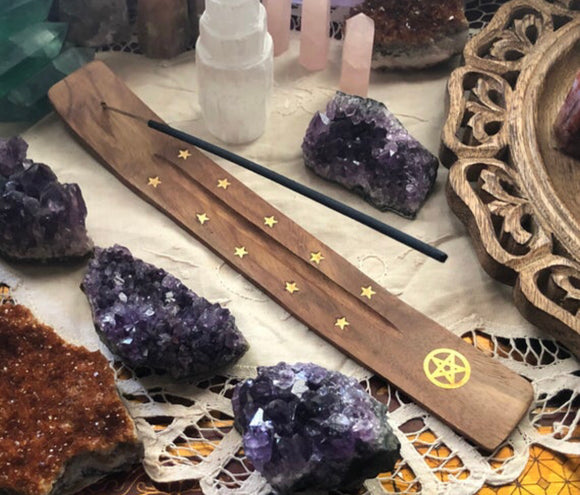 Wooden Stick Incense Burner - Pentagram and Stars - Brass Inlay