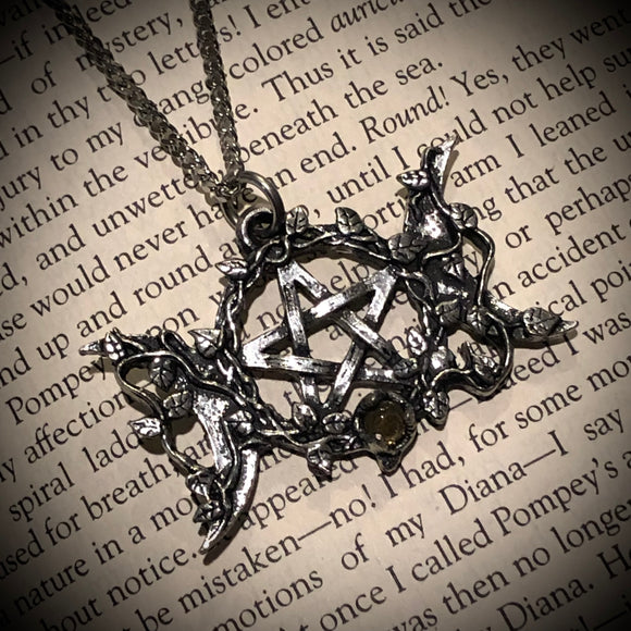 Triple Moon Pentagram Necklace - Fine English Pewter - Moonstone