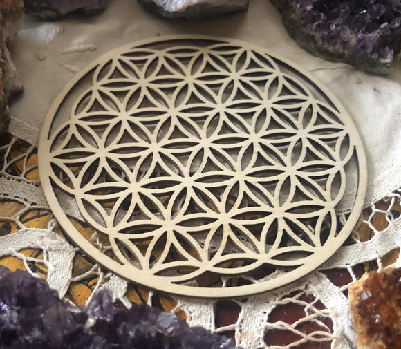 Mini Cutout Flower of Life Crystal Grid - Birch Wood - Sacred Geometry